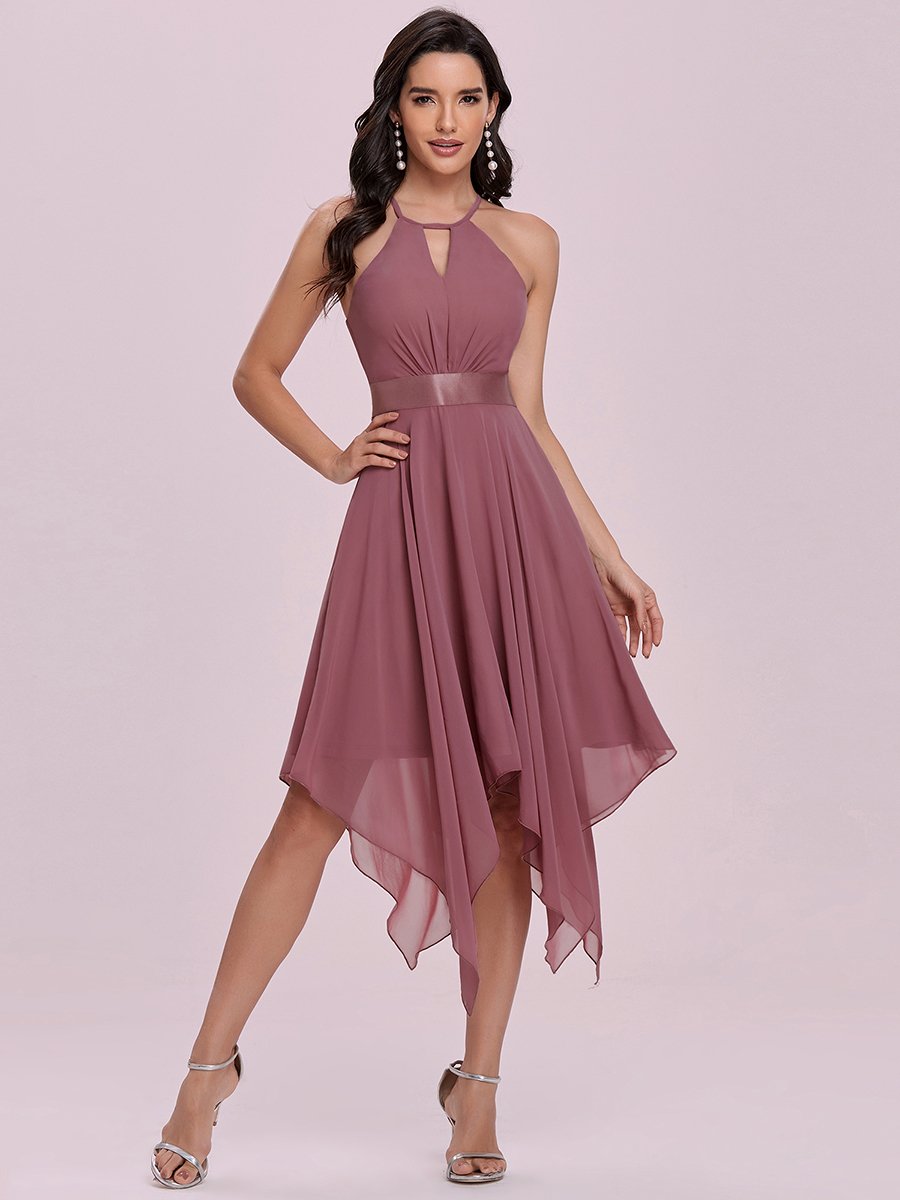 Sheer Halter Neck 3d Floral Embroidered Bridesmaid Dress With High-low Hem  In Rose - Pantone Rose Quartz