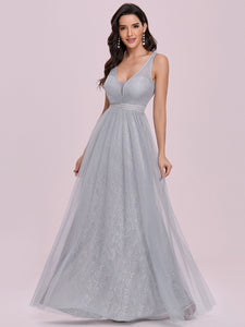 Color=Grey | Gorgeous V Neck Lace & Tulle Maxi Wholesale Bridesmaid Dress Es00127-Grey 3