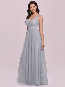 Color=Grey | Gorgeous V Neck Lace & Tulle Maxi Wholesale Bridesmaid Dress Es00127-Grey 4