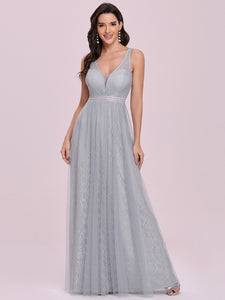 Color=Grey | Gorgeous V Neck Lace & Tulle Maxi Wholesale Bridesmaid Dress Es00127-Grey 1