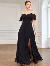 Load image into Gallery viewer, Color=Black | Wholesale High Split Chiffon Bridesmaid Dress With Spaghetti Straps-Black 3