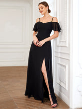 Load image into Gallery viewer, Color=Black | Wholesale High Split Chiffon Bridesmaid Dress With Spaghetti Straps-Black 4