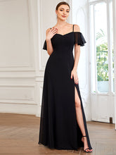 Load image into Gallery viewer, Color=Black | Wholesale High Split Chiffon Bridesmaid Dress With Spaghetti Straps-Black 5