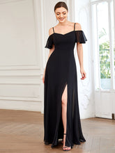 Load image into Gallery viewer, Color=Black | Wholesale High Split Chiffon Bridesmaid Dress With Spaghetti Straps-Black 1