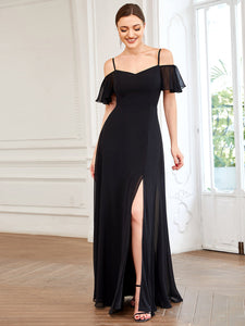 Color=Black | Wholesale High Split Chiffon Bridesmaid Dress With Spaghetti Straps-Black 1