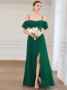 Color=Dark Green | Wholesale High Split Chiffon Bridesmaid Dress With Spaghetti Straps-Dark Green 1