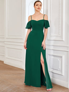 Color=Dark Green | Wholesale High Split Chiffon Bridesmaid Dress With Spaghetti Straps-Dark Green 4