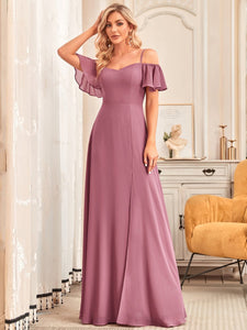 Color=Orchid | Flattering Deep V Neck Flare Sleeves Wholesale Bridesmaid Dresses-Orchid 4