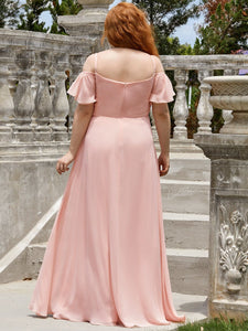 Color=Pink | Plus Size Flattering Deep V Neck Flare Sleeves Wholesale Bridesmaid Dresses-Pink 2