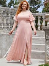 Load image into Gallery viewer, Color=Pink | Plus Size Flattering Deep V Neck Flare Sleeves Wholesale Bridesmaid Dresses-Pink 4