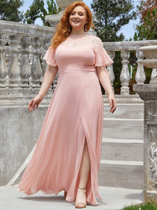 Color=Pink | Plus Size Flattering Deep V Neck Flare Sleeves Wholesale Bridesmaid Dresses-Pink 4