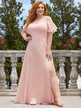 Load image into Gallery viewer, Color=Pink | Plus Size Flattering Deep V Neck Flare Sleeves Wholesale Bridesmaid Dresses-Pink 1