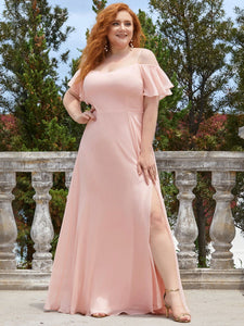 Color=Pink | Plus Size Flattering Deep V Neck Flare Sleeves Wholesale Bridesmaid Dresses-Pink 1
