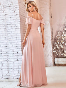 Color=Pink | Flattering Deep V Neck Flare Sleeves Wholesale Bridesmaid Dresses-Pink 2