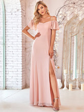 Load image into Gallery viewer, Color=Pink | Flattering Deep V Neck Flare Sleeves Wholesale Bridesmaid Dresses-Pink 1