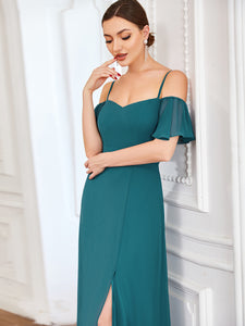 Color=Teal | Wholesale High Split Chiffon Bridesmaid Dress With Spaghetti Straps-Teal 5