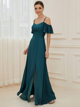 Load image into Gallery viewer, Color=Teal | Wholesale High Split Chiffon Bridesmaid Dress With Spaghetti Straps-Teal 3