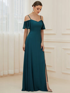 Color=Teal | Wholesale High Split Chiffon Bridesmaid Dress With Spaghetti Straps-Teal 4