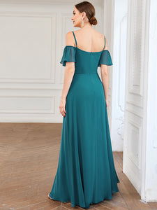 Color=Teal | Wholesale High Split Chiffon Bridesmaid Dress With Spaghetti Straps-Teal 2