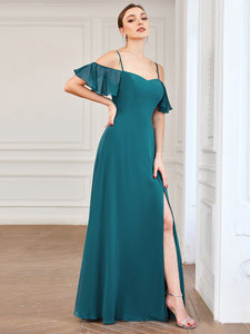 Color=Teal | Wholesale High Split Chiffon Bridesmaid Dress With Spaghetti Straps-Teal 3