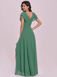 Color=Green Bean | Sweet Wholesale Long V Neck Chiffon Bridesmaid Dress-Green Bean 2