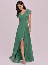 Load image into Gallery viewer, Color=Green Bean | Sweet Wholesale Long V Neck Chiffon Bridesmaid Dress-Green Bean 4