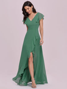 Color=Green Bean | Sweet Wholesale Long V Neck Chiffon Bridesmaid Dress-Green Bean 4