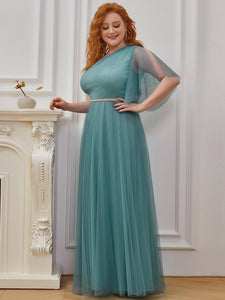 Color=Dusty blue | Plus Size Wholesale Tulle Bridesmaid Dress With Beaded Waistline-Dusty Blue 3