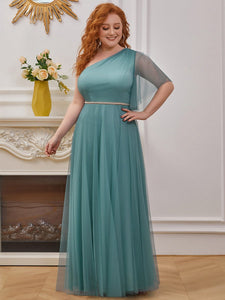 Color=Dusty blue | Plus Size Wholesale Tulle Bridesmaid Dress With Beaded Waistline-Dusty Blue 4