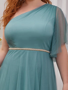 Color=Dusty blue | Plus Size Wholesale Tulle Bridesmaid Dress With Beaded Waistline-Dusty Blue 5