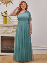 Load image into Gallery viewer, Color=Dusty blue | Plus Size Wholesale Tulle Bridesmaid Dress With Beaded Waistline-Dusty Blue 1