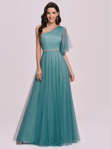 Color=Dusty blue | Wholesale Fashion Maxi One Shoulder Tulle Bridesmaid Dress-Dusty Blue 1