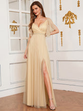 Load image into Gallery viewer, Color=Gold | Beautiful Bridesmaid Dress with Deep V-neck and Pagoda Sleeves -Gold 1