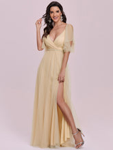 Load image into Gallery viewer, Color=Gold | Beautiful Bridesmaid Dress with Deep V-neck and Pagoda Sleeves -Gold 7