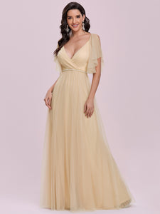 Color=Gold | Beautiful Bridesmaid Dress with Deep V-neck and Pagoda Sleeves -Gold 8