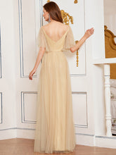 Load image into Gallery viewer, Color=Gold | Beautiful Bridesmaid Dress with Deep V-neck and Pagoda Sleeves -Gold 3