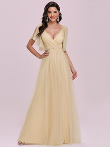 Color=Gold | Beautiful Bridesmaid Dress with Deep V-neck and Pagoda Sleeves -Gold 6