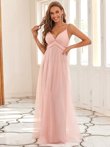 Color=Pink | Deep V-neck Sexy Evening Dress-Pink 1