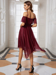 Color=Burgundy | Shiny Asymmetrical Hem V Neck A line Wholesale Bridesmaid Dresses-Burgundy 2