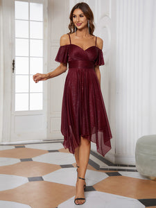 Color=Burgundy | Shiny Asymmetrical Hem V Neck A line Wholesale Bridesmaid Dresses-Burgundy 3