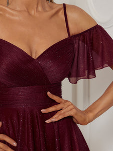 Color=Burgundy | Shiny Asymmetrical Hem V Neck A line Wholesale Bridesmaid Dresses-Burgundy 5