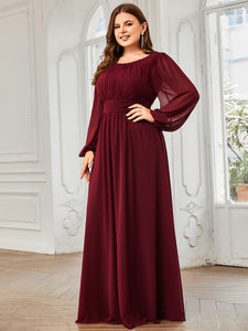 Color=Burgundy | Round Neck Wholesale Bridesmaid Dresses with Long Lantern Sleeves-Burgundy 1
