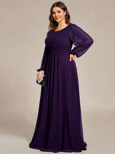Color=Dark Purple | Round Neck Wholesale Bridesmaid Dresses with Long Lantern Sleeves-Dark Purple 1