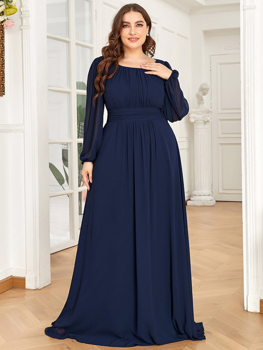 Color=Navy Blue | Round Neck Wholesale Bridesmaid Dresses with Long Lantern Sleeves-Navy Blue 1