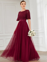 Load image into Gallery viewer, Color=Burgundy | A Line Ruffles Sleeves Round Neck Wholesale Bridesmaid Dresses-Burgundy 3