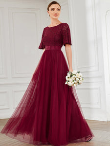 Color=Burgundy | A Line Ruffles Sleeves Round Neck Wholesale Bridesmaid Dresses-Burgundy 3
