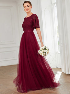 Color=Burgundy | A Line Ruffles Sleeves Round Neck Wholesale Bridesmaid Dresses-Burgundy 4