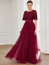 Load image into Gallery viewer, Color=Burgundy | A Line Ruffles Sleeves Round Neck Wholesale Bridesmaid Dresses-Burgundy 1
