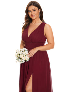 Color=Burgundy | Sleeveless Deep V Neck Thigh High Split Wholesale Bridesmaid Dresses-Burgundy 5