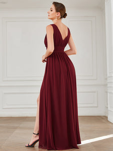 Color=Burgundy | Sleeveless Deep V Neck Thigh High Split Wholesale Bridesmaid Dresses-Burgundy 2